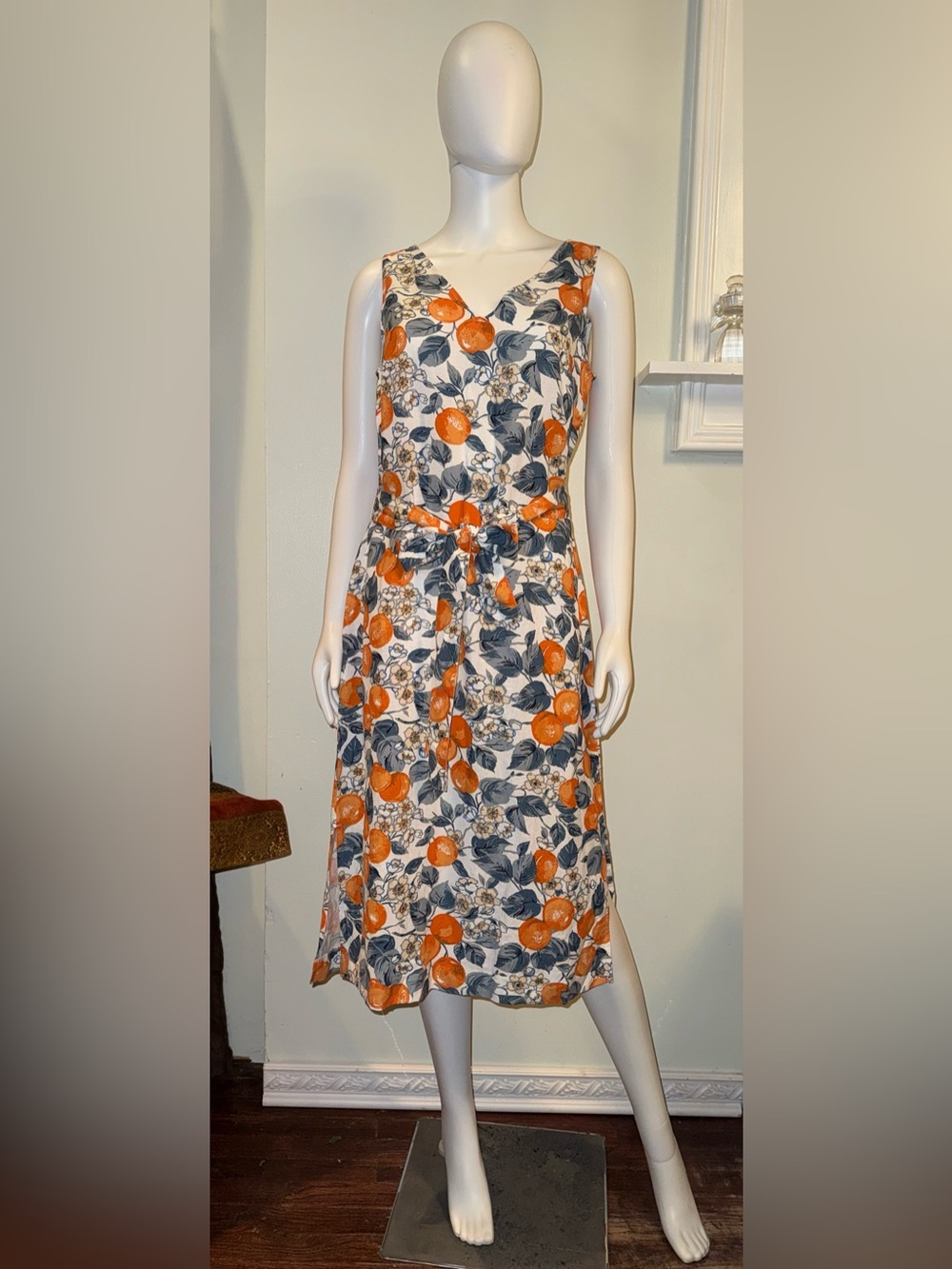 Ann Taylor Cream Midi Dress with Orange and Navy Floral Print